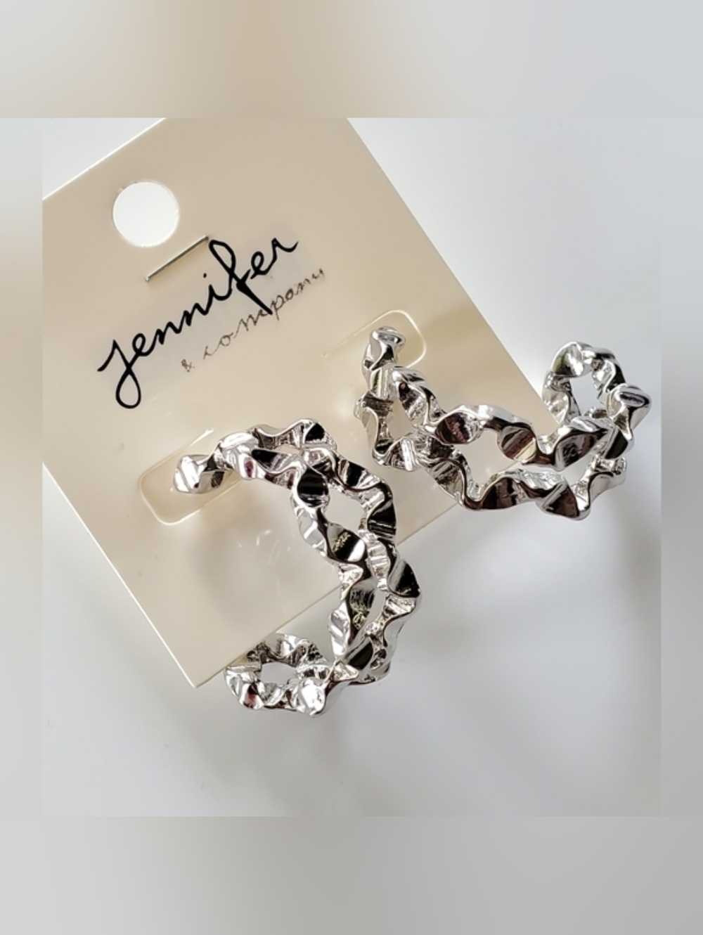 Jennifer & Company Silver Textured Crinkle Hoop Earrings Statement Abstract